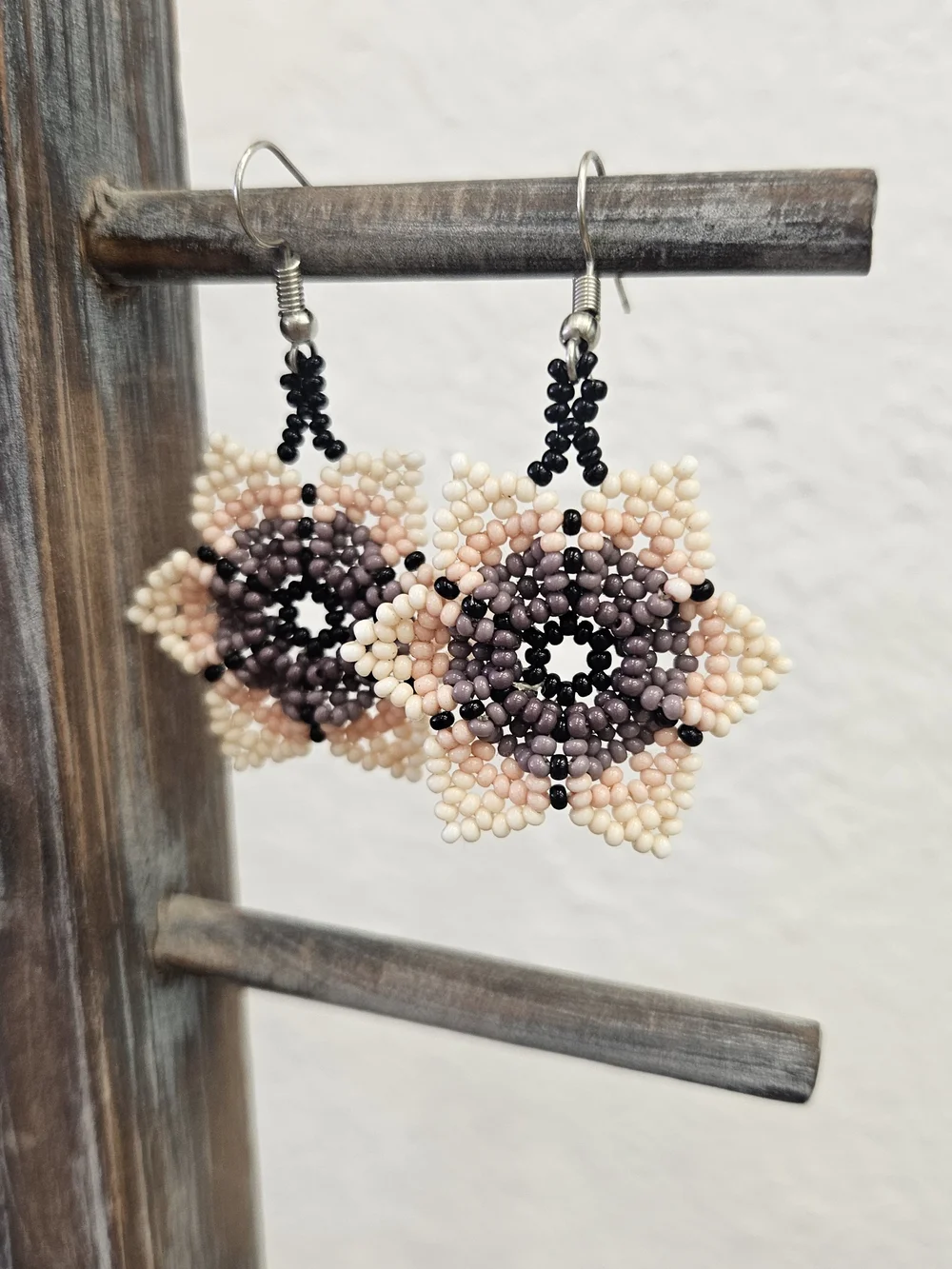 Handmade Beige & Mauve Beaded Flower Earrings - Women Jewelry